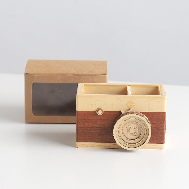 Wooden Camera Pen Holder β Creative Desk Organizer for Stationery & Office Decor