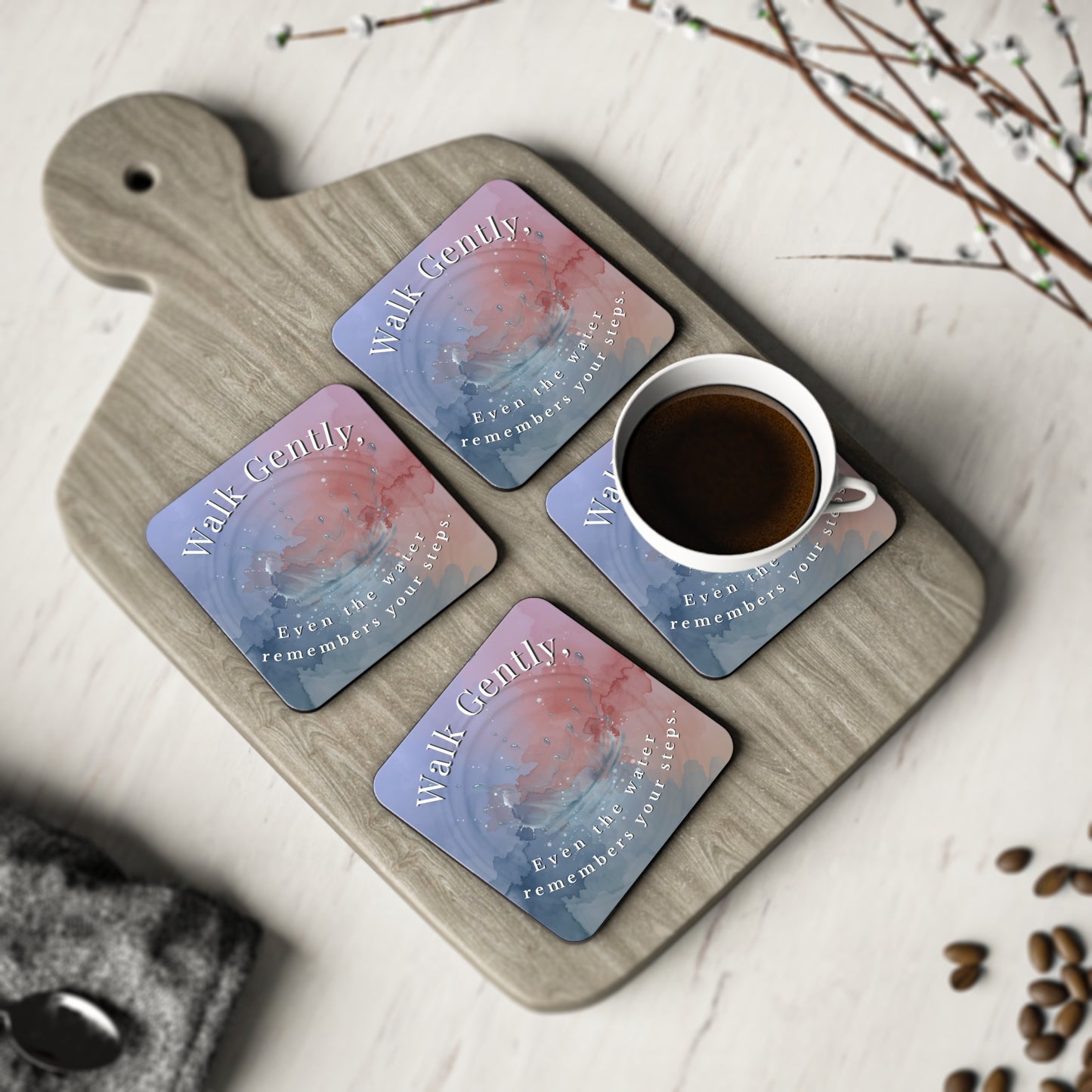 Inspirational Coasters – “Walk Gently” Nature-Inspired Quote Drink Coasters | Artful Home Decor Gift