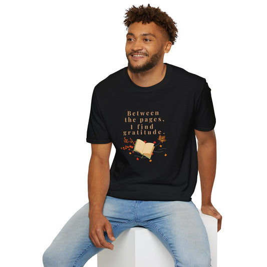 Book Lover T-Shirt — "Between the pages, I find gratitude" Autumn Reading Tee