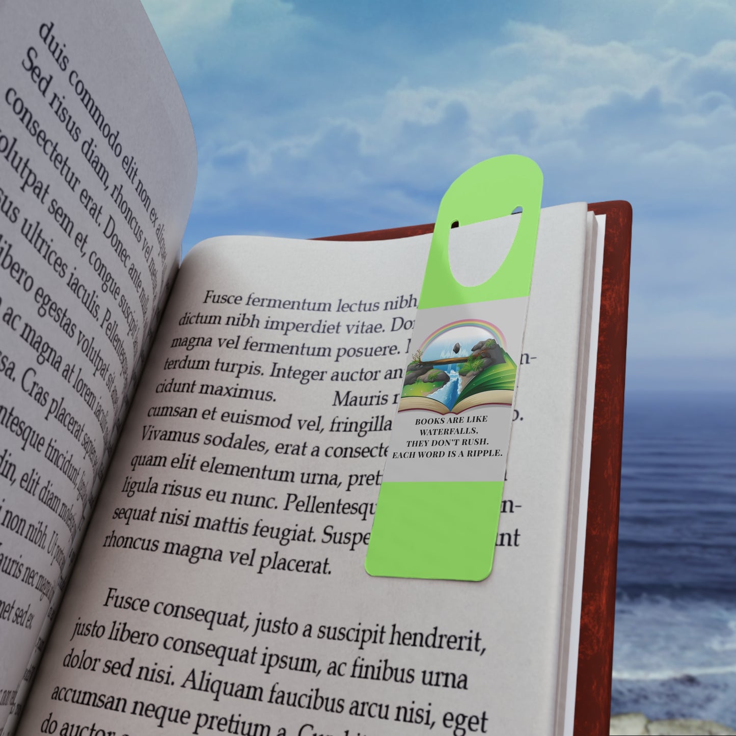 Green Aluminium Bookmark — Books Are Like Waterfalls