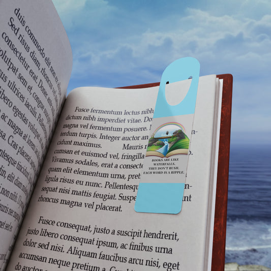 Blue Aluminium Bookmark — Books Are Like Waterfalls