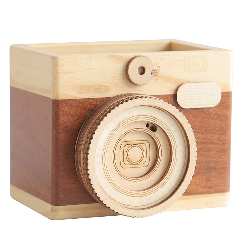 Wooden Camera Pen Holder β Creative Desk Organizer for Stationery & Office Decor