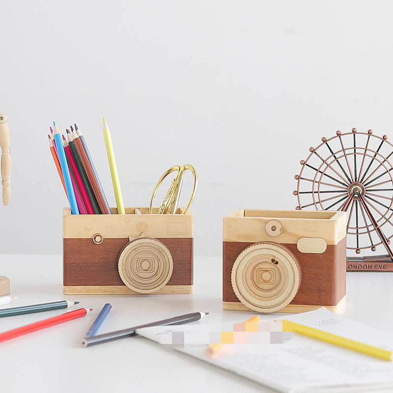 Wooden Camera Pen Holder β Creative Desk Organizer for Stationery & Office Decor