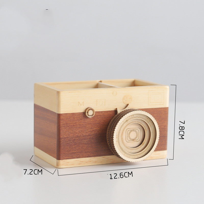 Wooden Camera Pen Holder β Creative Desk Organizer for Stationery & Office Decor