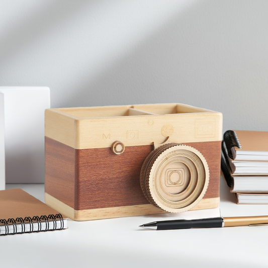 Wooden Camera Pen Holder – Creative Desk Organizer for Stationery & Office Decor