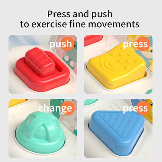 Colorful toy blocks with text indicating actions to press and push on a light gray background.