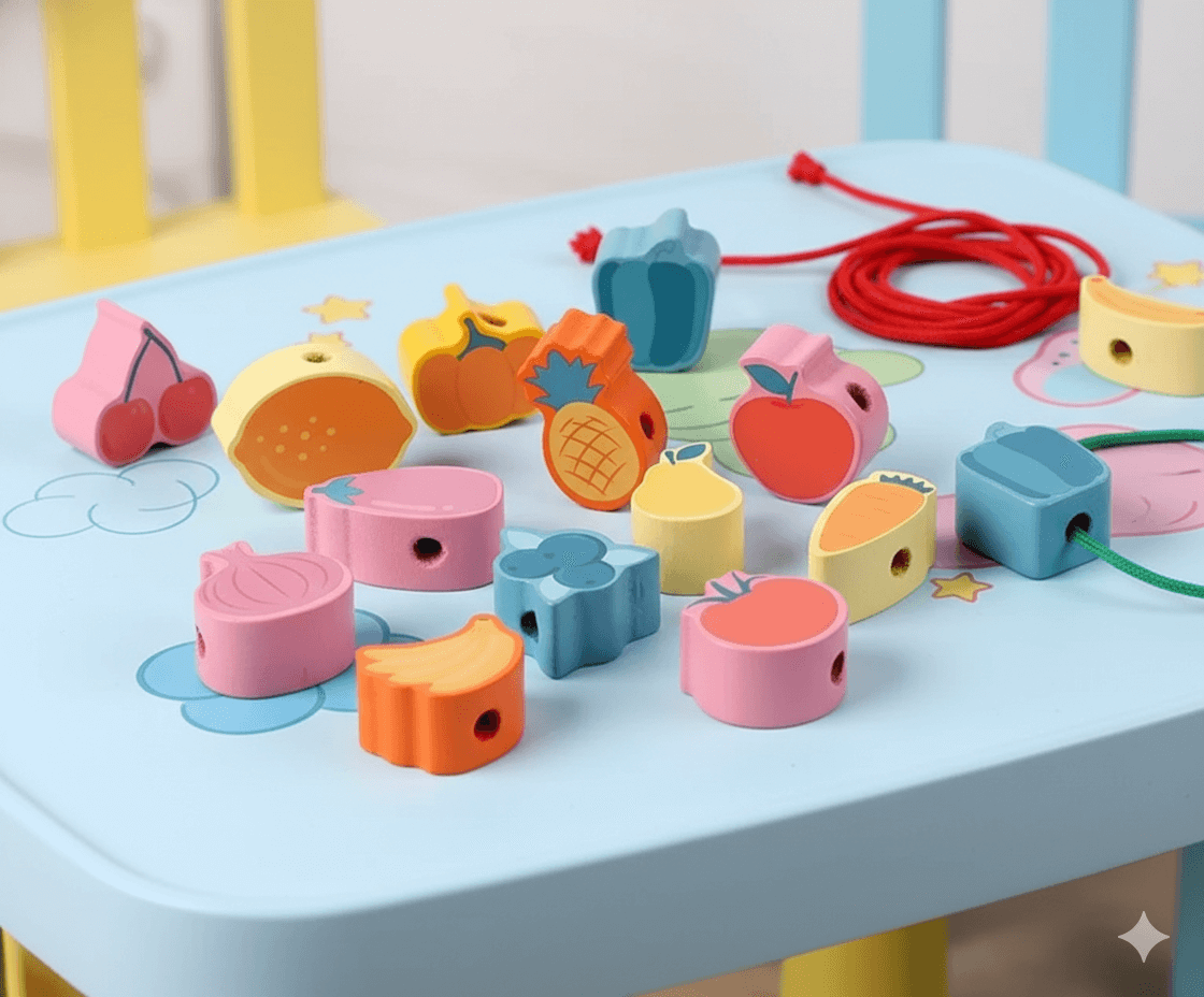 Montessori Wooden Lacing Toy Beads Set Educational Threading Toy for Kids