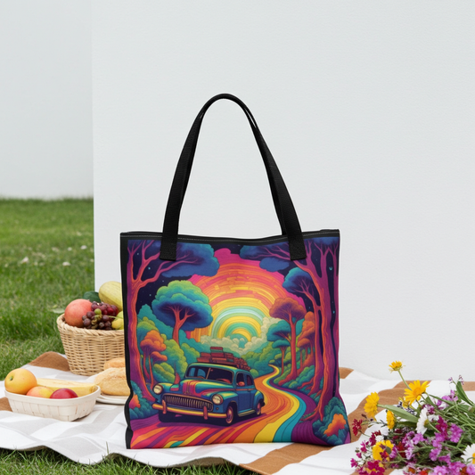 Vintage Roadtrip Tote Bag Colorful Retro Car Literary Quote Canvas Bag