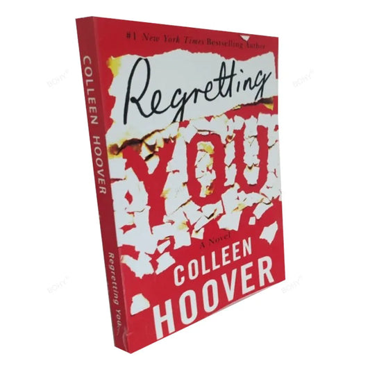 This image features the cover of the novel titled "Regretting You" by Colleen Hoover. The cover design is striking with a bold red background and prominent white text that highlights the title in a dynamic, broken-piece style.