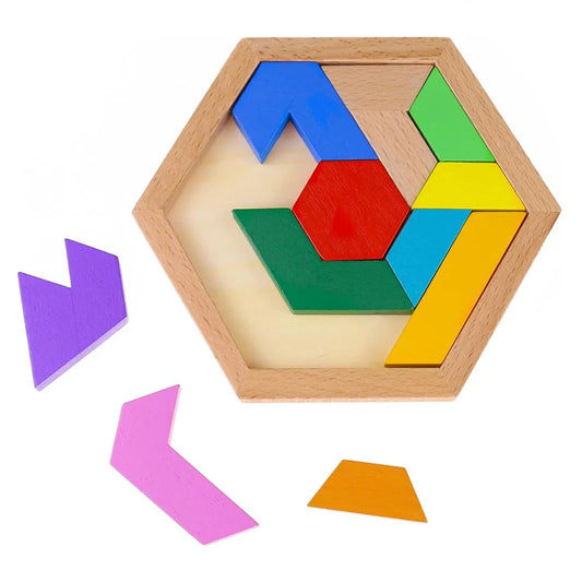 Hexagon Tangram Wooden Brain Puzzle IQ Logic Challenge Montessori Educational Toy for Kids and Adults