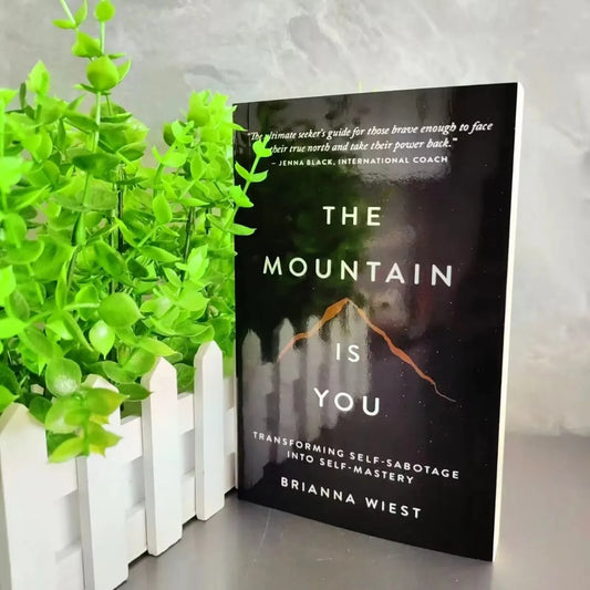 A book titled 'The Mountain Is You' by Brianna Wiest placed next to a white fence with a green plant behind it.