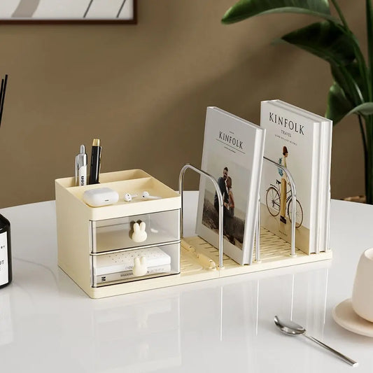 Six Grids Bookend Book Holder with Storage Box – Space-Saving Desk Organizer