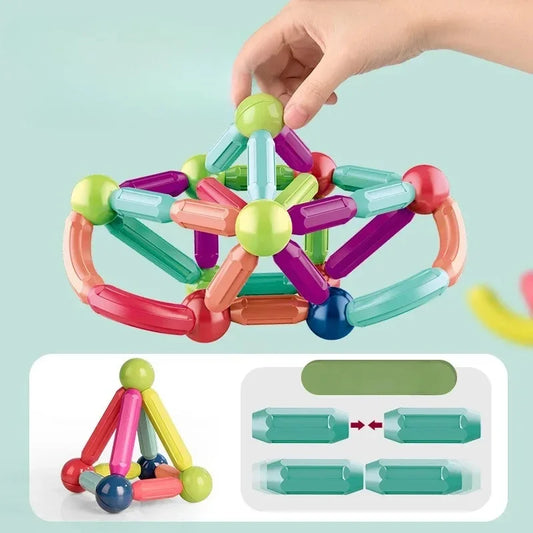 Colorful magnetic building toy being assembled on a light blue background