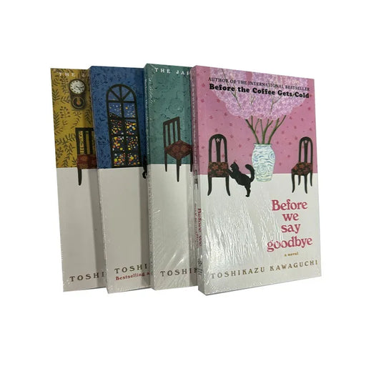 Before the Coffee Gets Cold 4-Book Set by Toshikazu Kawaguchi – English Four books with different covers featuring illustrations of rooms and a cat, on a white background.