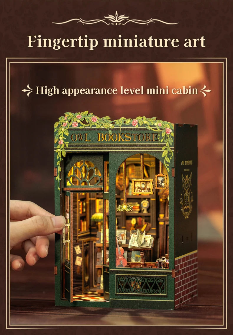 DIY Book Nook Kit with Light – Miniature Wooden Bookshop Insert for Gifts & Decor