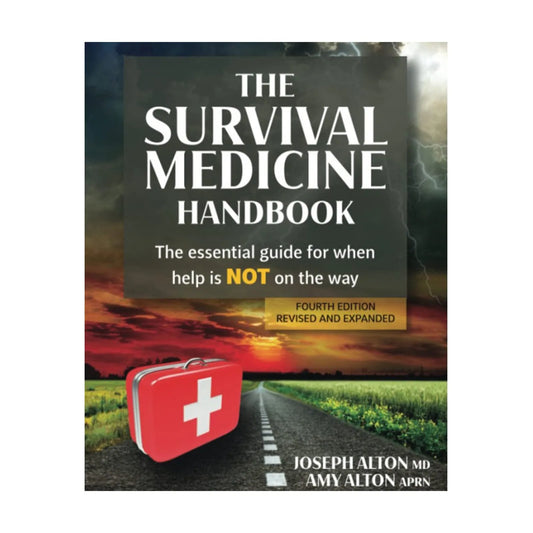Book cover of 'The Survival Medicine Handbook' with a road and first aid kit graphic.