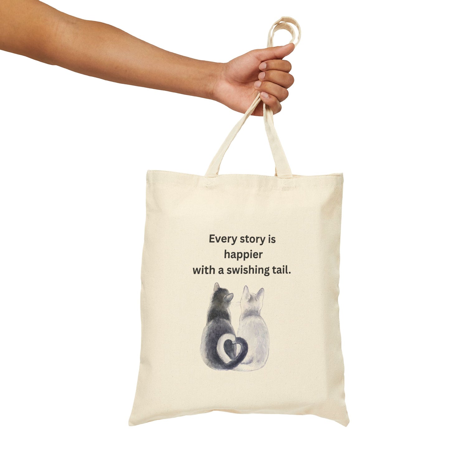 Every Story Is Happier With a Swishing Tail — Heart-Tails Cats Cotton Canvas Tote Bag