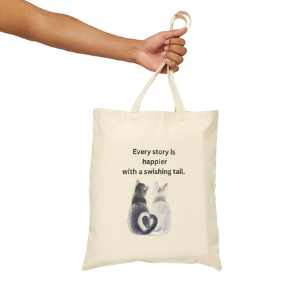 Every Story Is Happier With a Swishing Tail — Heart-Tails Cats Cotton Canvas Tote Bag