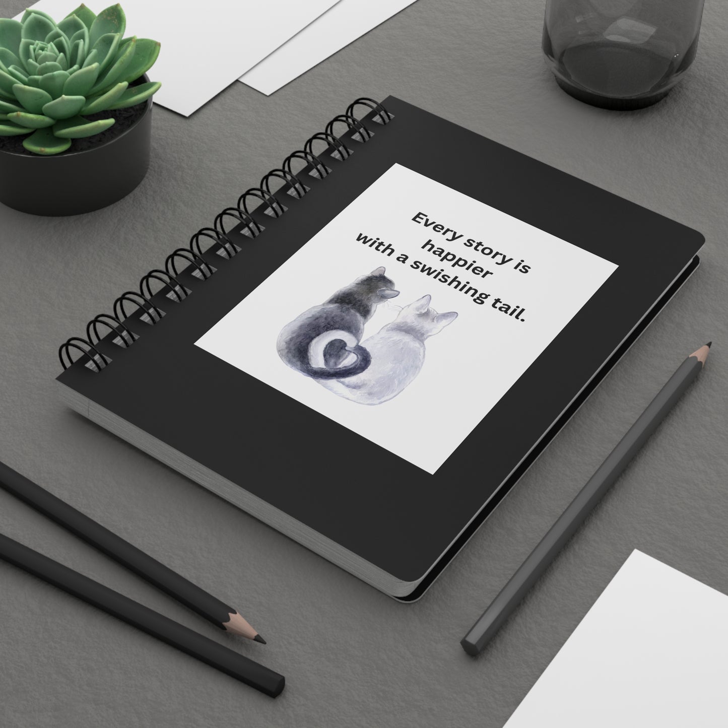 Every Story Is Happier With a Swishing Tail — Heart-Tails Cats Spiral Notebook for Writing & Quiet Moments (Black Cover)