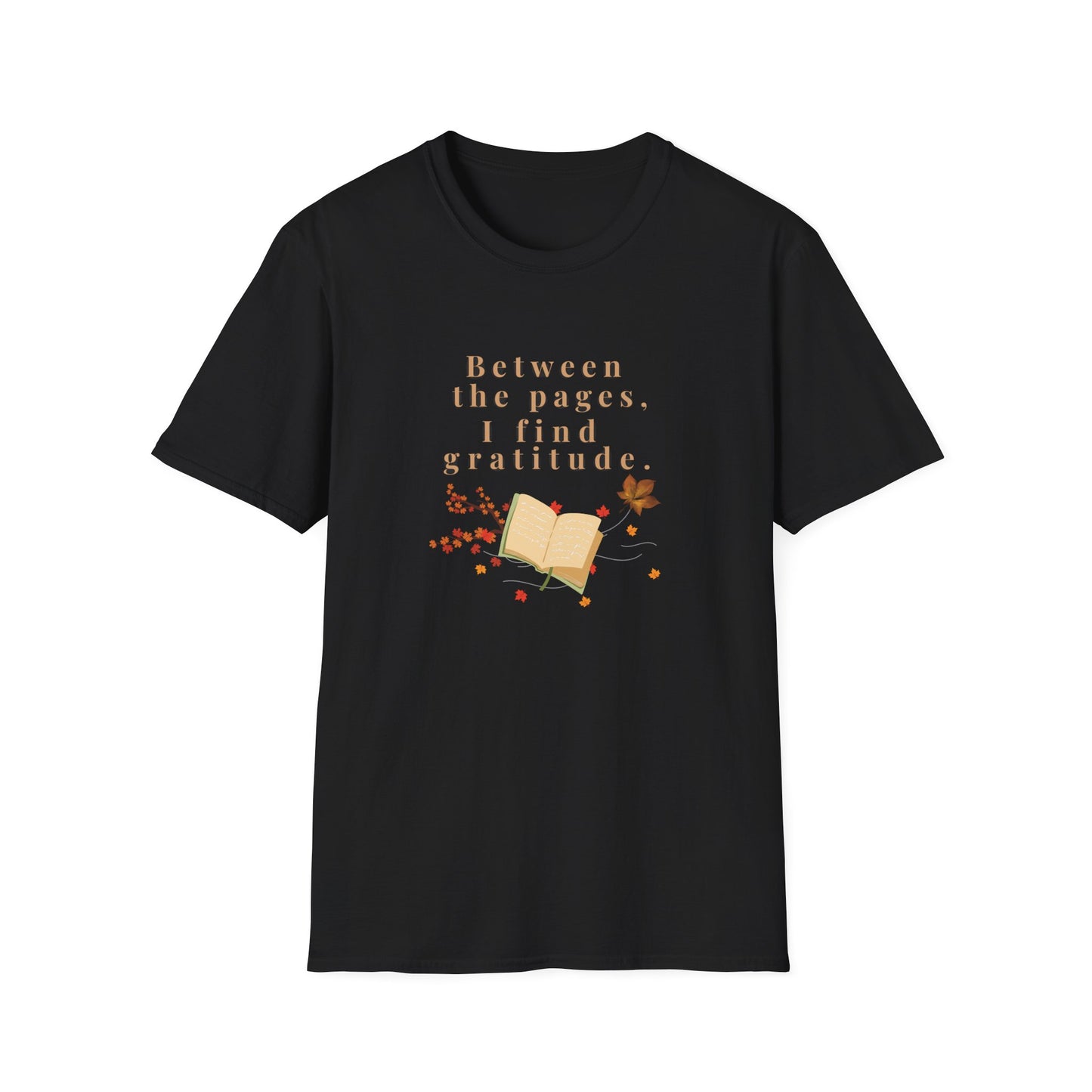 Book Lover T-Shirt — "Between the pages, I find gratitude" Autumn Reading Tee
