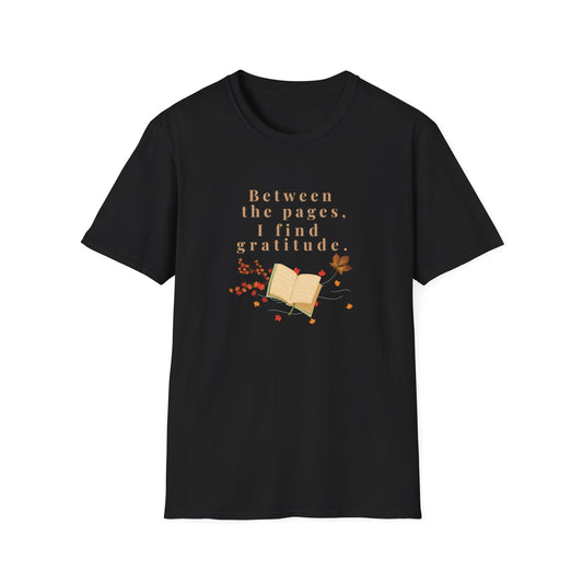 Book Lover T-Shirt — "Between the pages, I find gratitude" Autumn Reading Tee