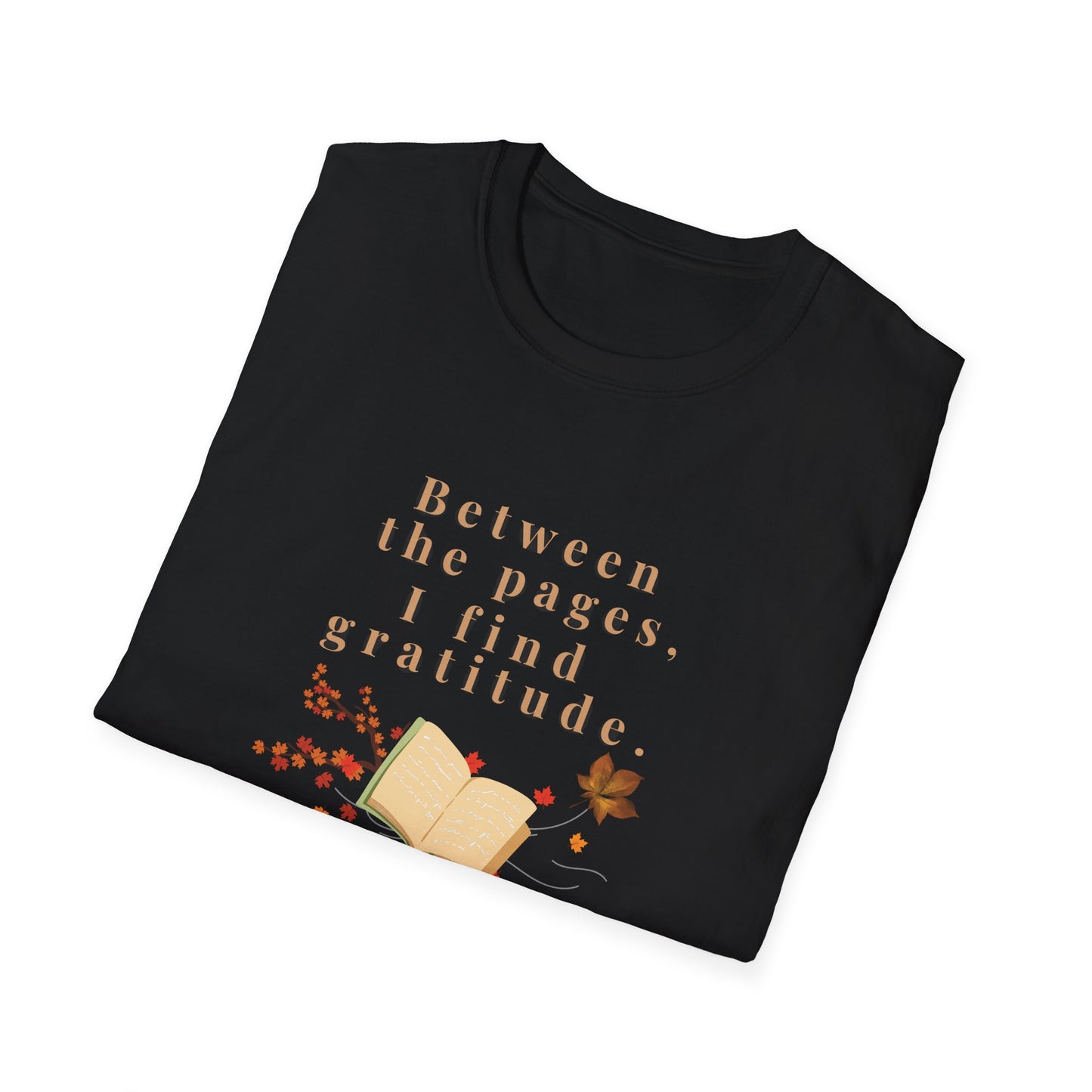 Book Lover T-Shirt — "Between the pages, I find gratitude" Autumn Reading Tee
