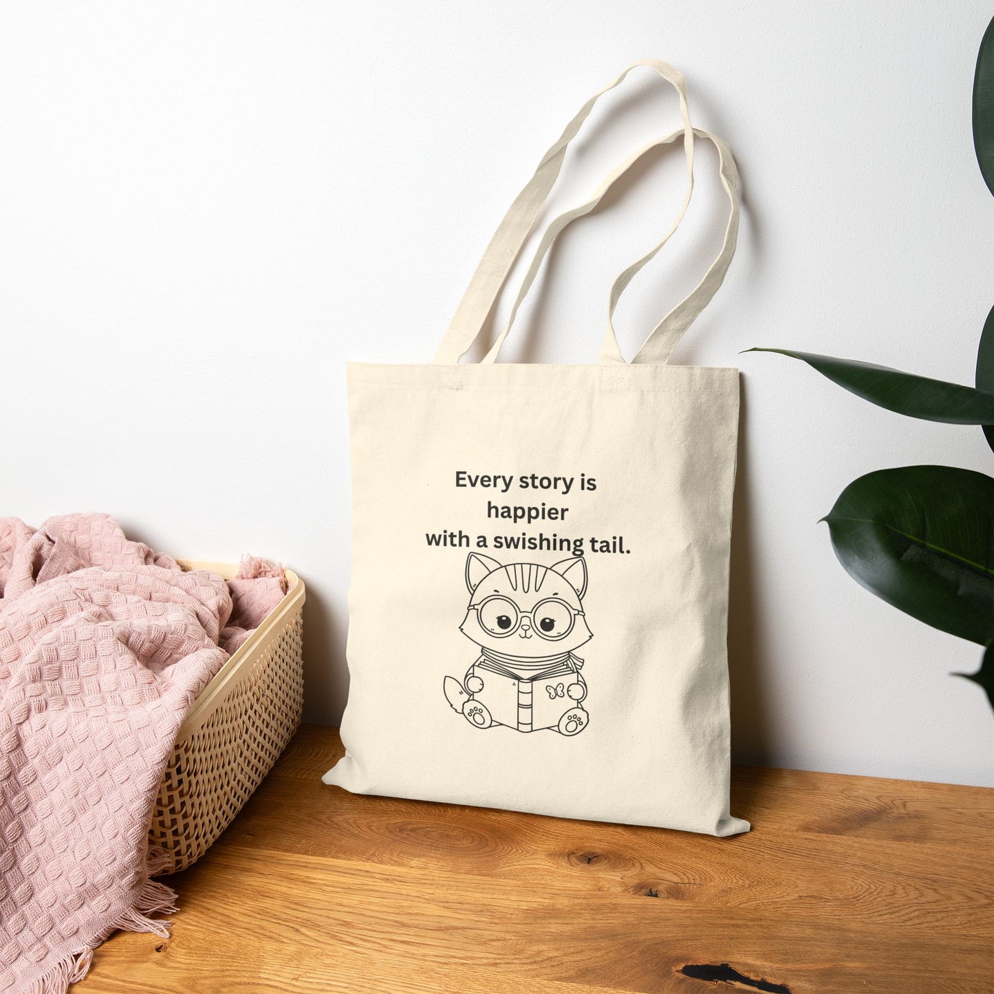 Every Story Is Happier With a Swishing Tail — Reading Cat Cotton Canvas Tote Bag