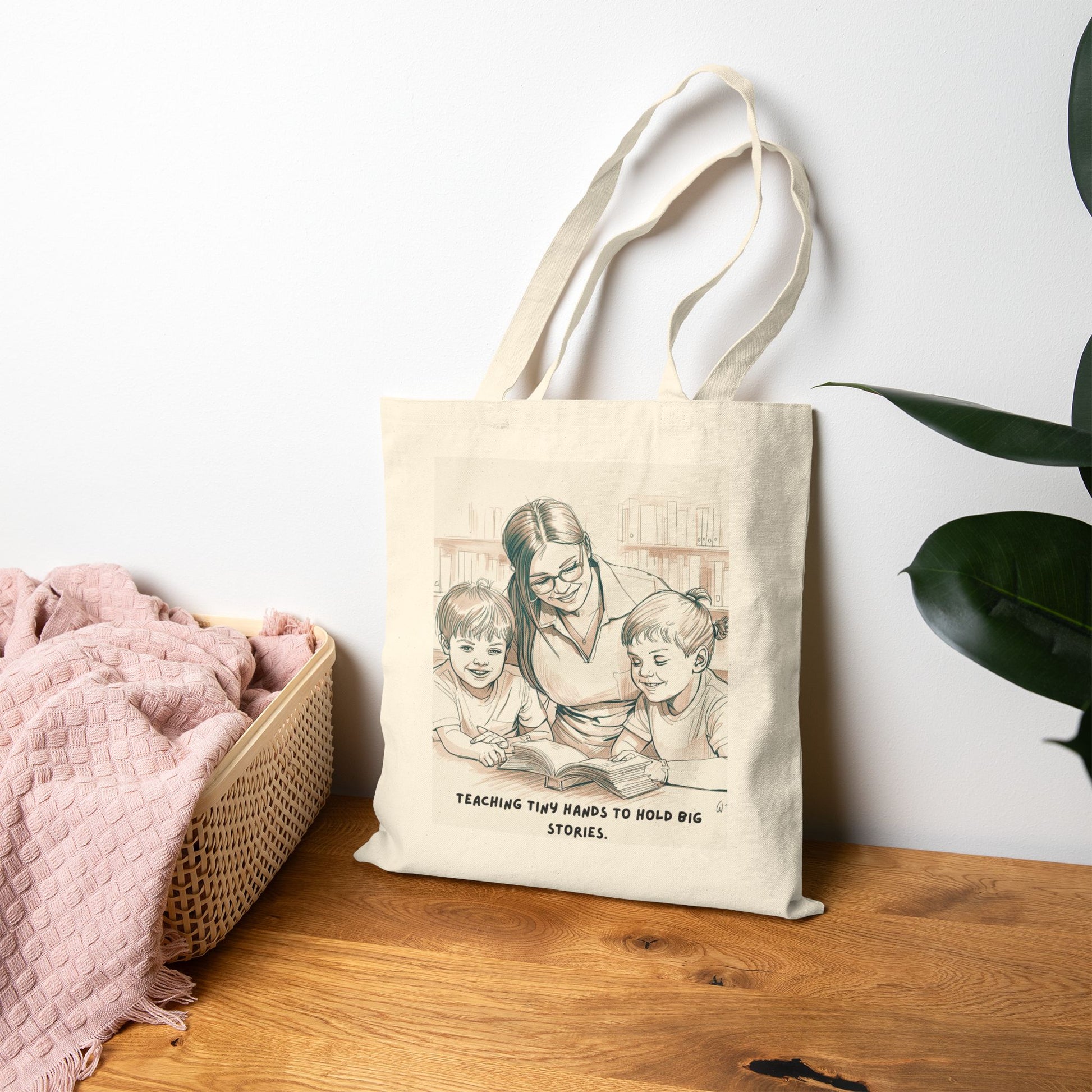 Tote bag with illustration of a woman reading to two children on a wooden surface . Perfect gift for teachers and mothers