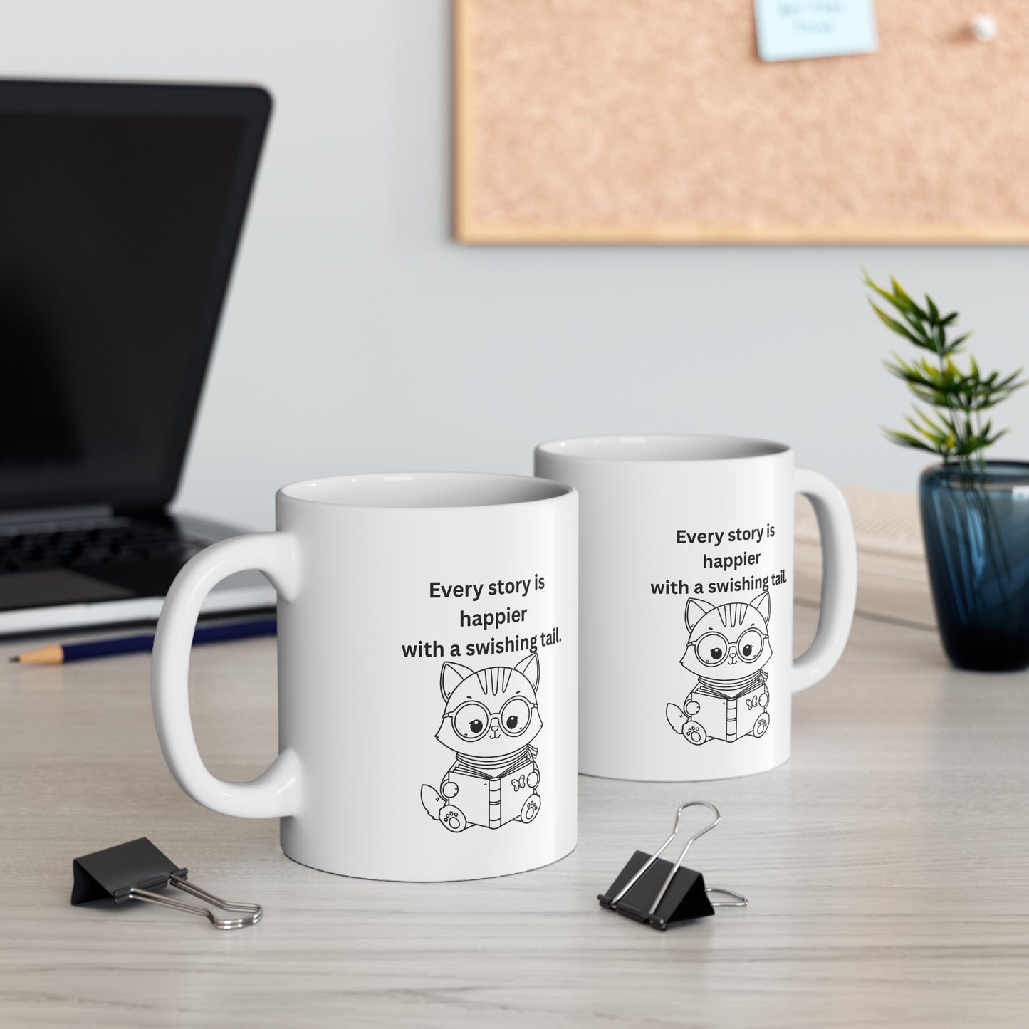 Every Story Is Happier With a Swishing Tail — Reading Cat Ceramic Coffee Mug