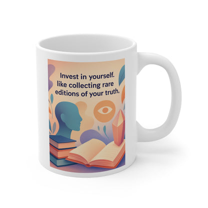 "Invest in yourself, like collecting rare editions of your truth" Ceramic Self-Discovery Mug