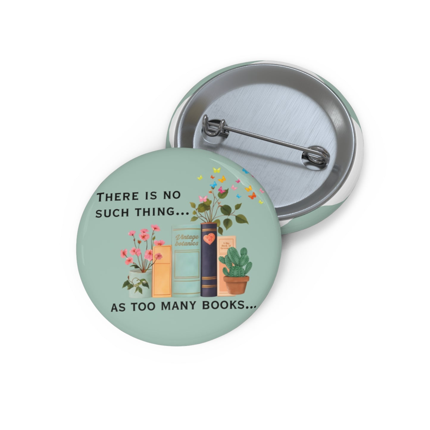 Button badge with book-themed design and text on a white background