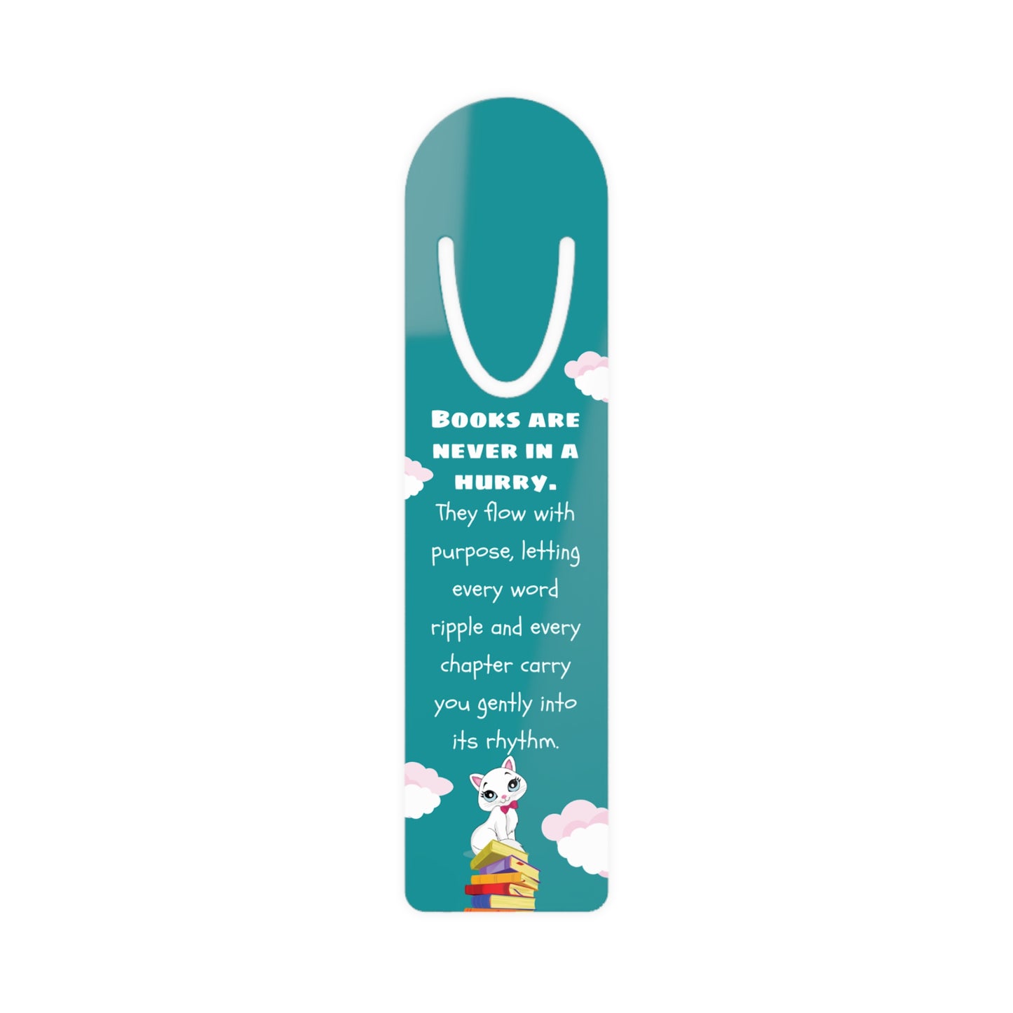 Bookmark with a cat illustration and motivational quote on a white background