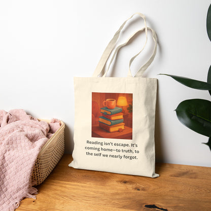 Tote bag with a book-themed design and quote on a wooden surface.