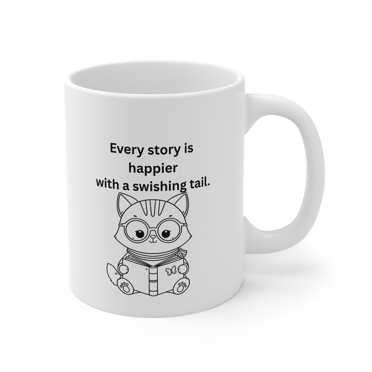 Every Story Is Happier With a Swishing Tail — Reading Cat Ceramic Coffee Mug