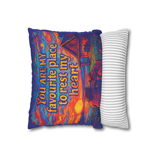 Sunset Throw Pillow — “You Are My Favourite Place to Rest My Heart” Decorative Cushion