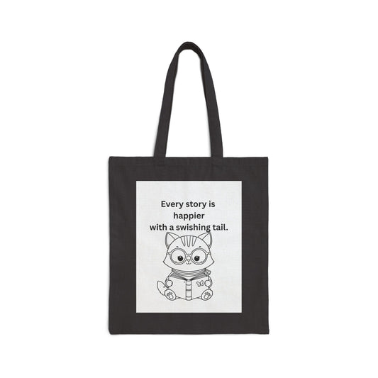 Every Story Is Happier With a Swishing Tail — Reading Cat Cotton Canvas Tote Bag