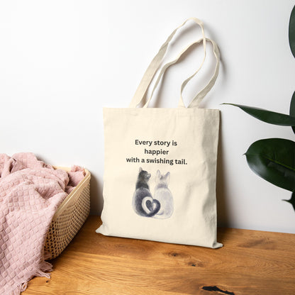 Every Story Is Happier With a Swishing Tail — Heart-Tails Cats Cotton Canvas Tote Bag