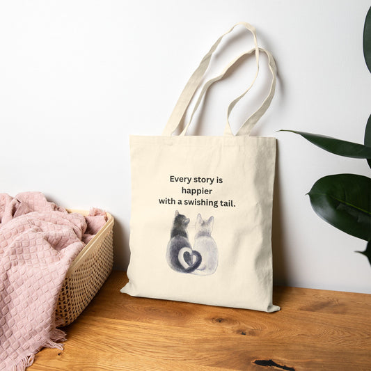 Every Story Is Happier With a Swishing Tail — Heart-Tails Cats Cotton Canvas Tote Bag
