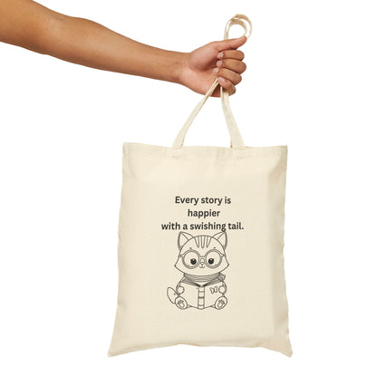 Every Story Is Happier With a Swishing Tail — Reading Cat Cotton Canvas Tote Bag
