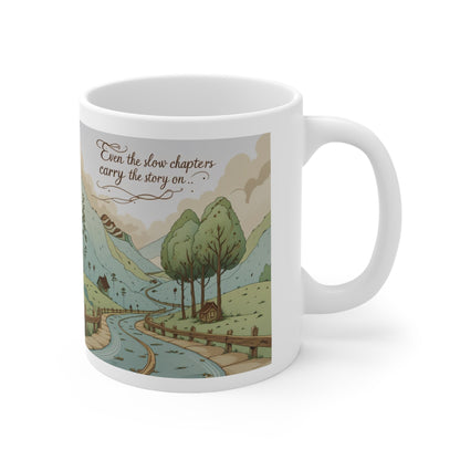Mug with a scenic landscape design and text on a white background