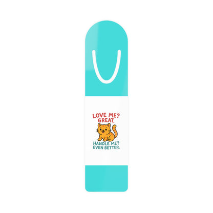 Blue Aluminum Bookmark — Love Me, Handle Me Cat
