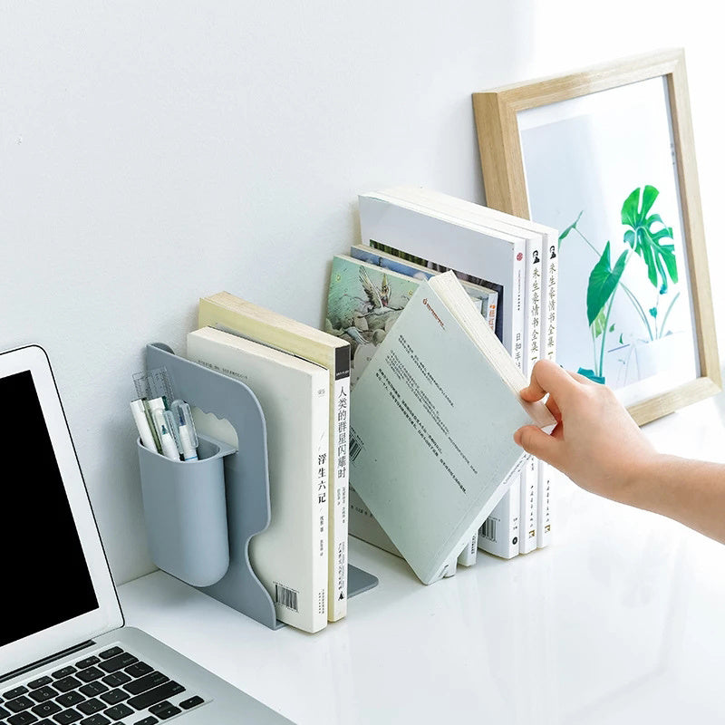 Retractable Bookends with Pen Holder Adjustable Heavy Duty Desk Organizer