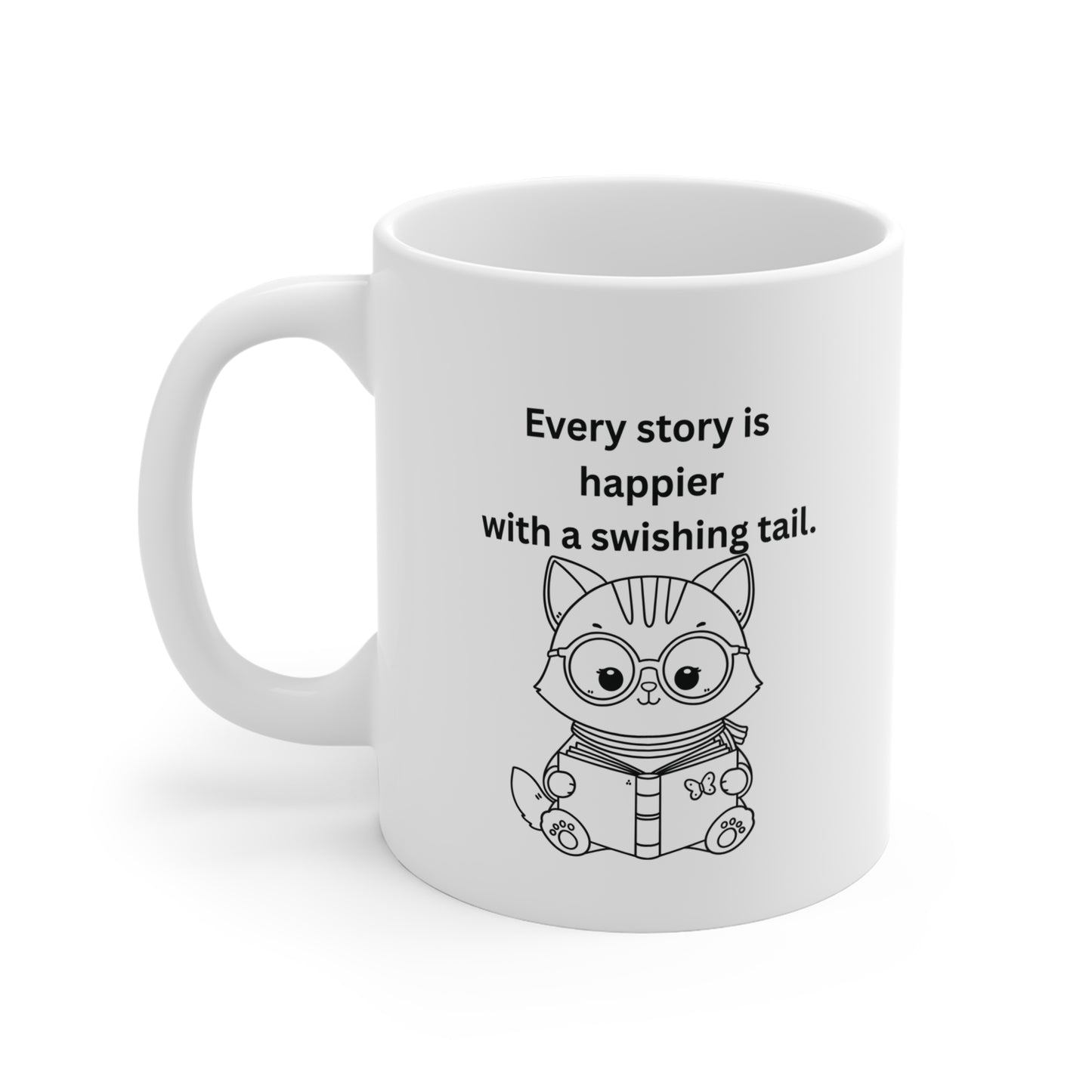 Every Story Is Happier With a Swishing Tail — Reading Cat Ceramic Coffee Mug