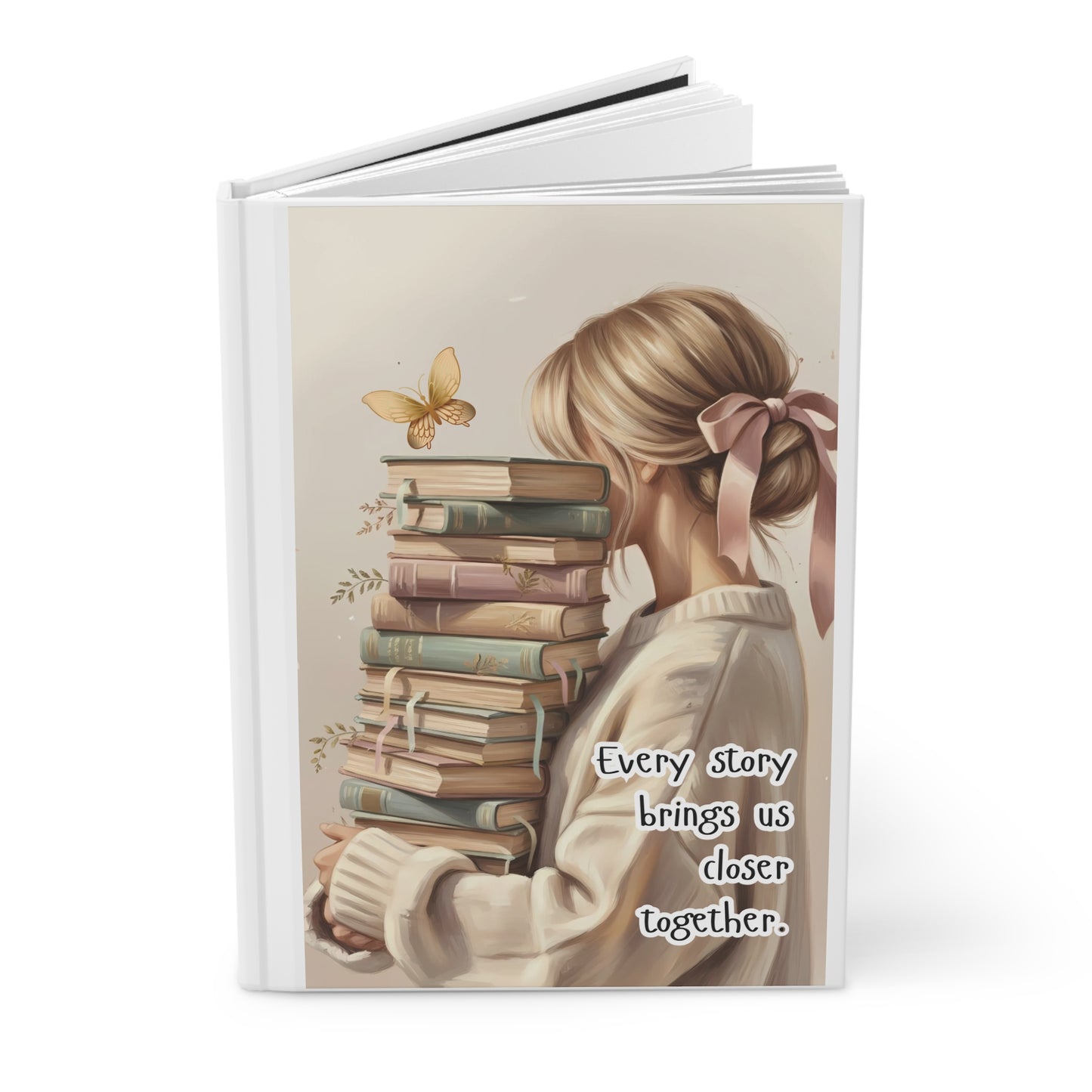 Book with illustration of a woman holding books and a butterfly, with text 'Every story brings us closer together'.