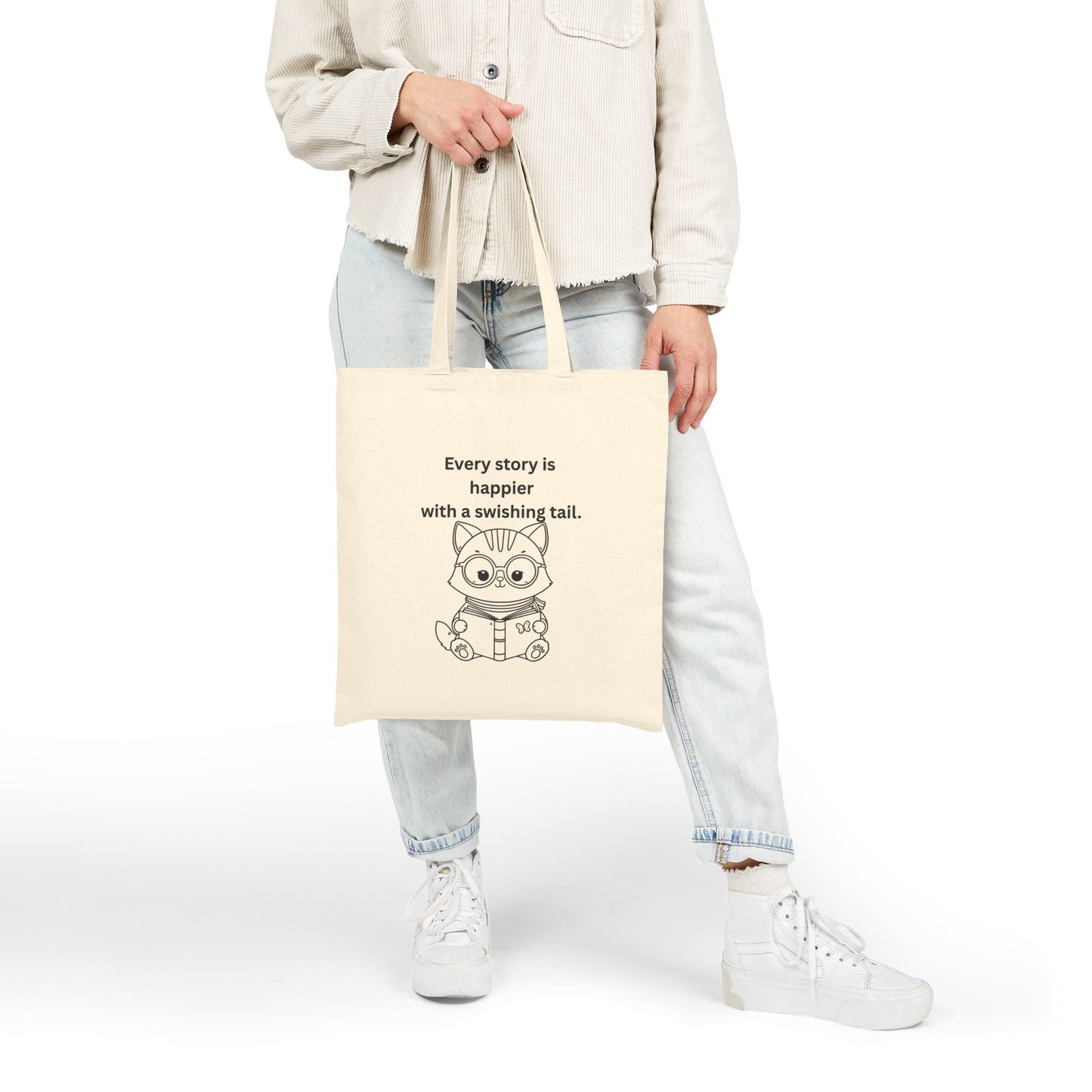 Every Story Is Happier With a Swishing Tail — Reading Cat Cotton Canvas Tote Bag