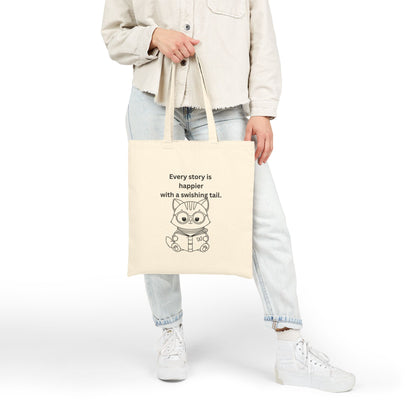 Every Story Is Happier With a Swishing Tail — Reading Cat Cotton Canvas Tote Bag