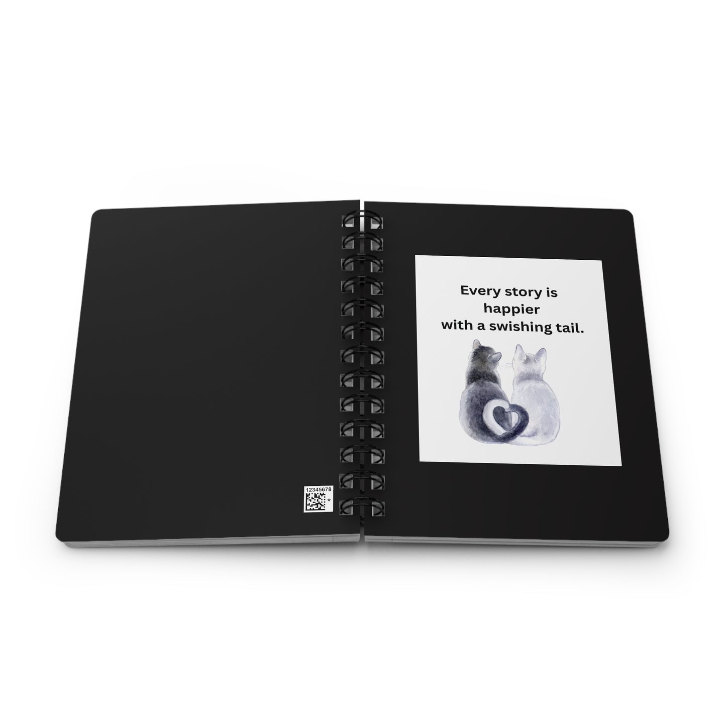 Every Story Is Happier With a Swishing Tail — Heart-Tails Cats Spiral Notebook for Writing & Quiet Moments (Black Cover)