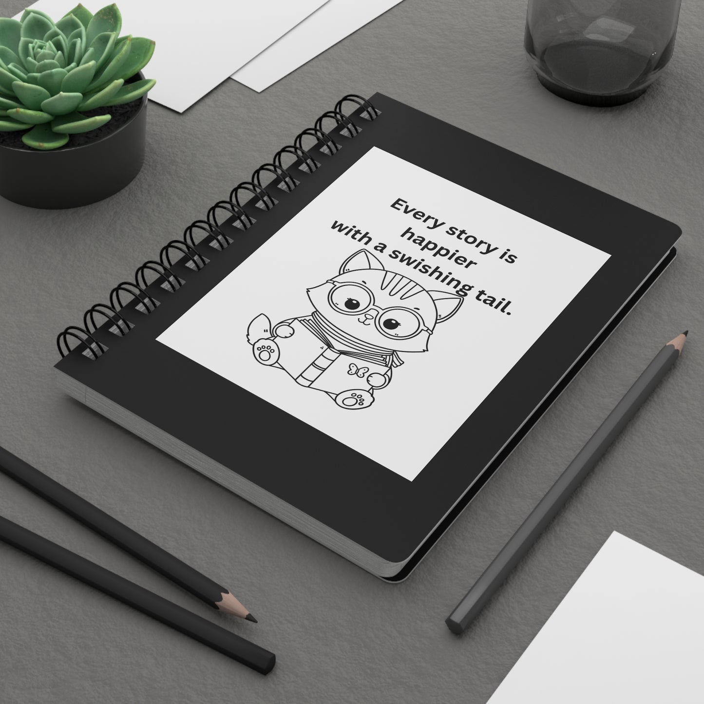 Every Story Is Happier With a Swishing Tail — Reading Cat Spiral Notebook for Writing & Quiet Moments (Black Cover)