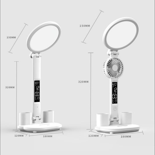 Foldable LED Desk Lamp with Clock, USB Fan & Dimmable Light