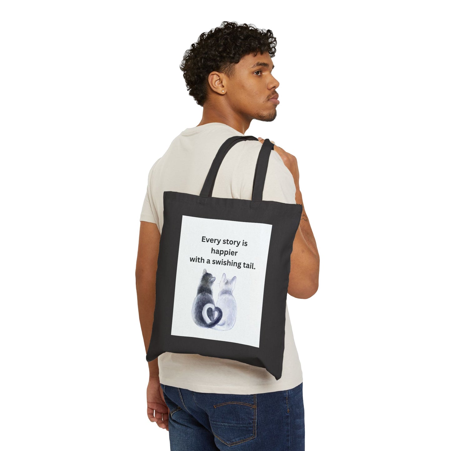 Every Story Is Happier With a Swishing Tail — Heart-Tails Cats Cotton Canvas Tote Bag